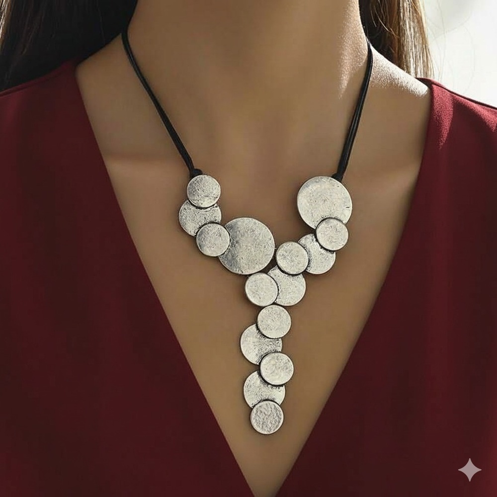 Elegant Silver Chunky Disc Statement Necklace